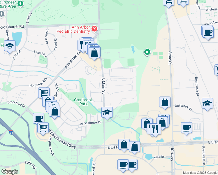 map of restaurants, bars, coffee shops, grocery stores, and more near 101 Lake Village Drive in Ann Arbor