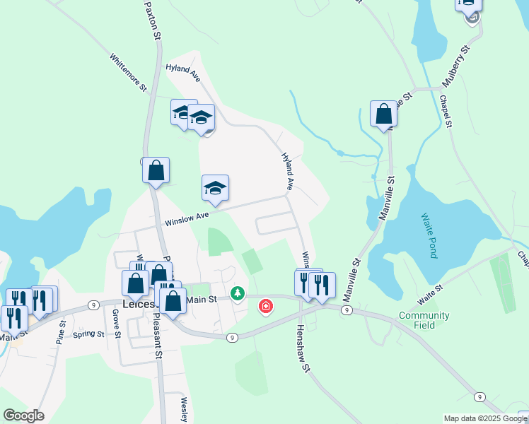 map of restaurants, bars, coffee shops, grocery stores, and more near 35 Winslow Avenue in Leicester