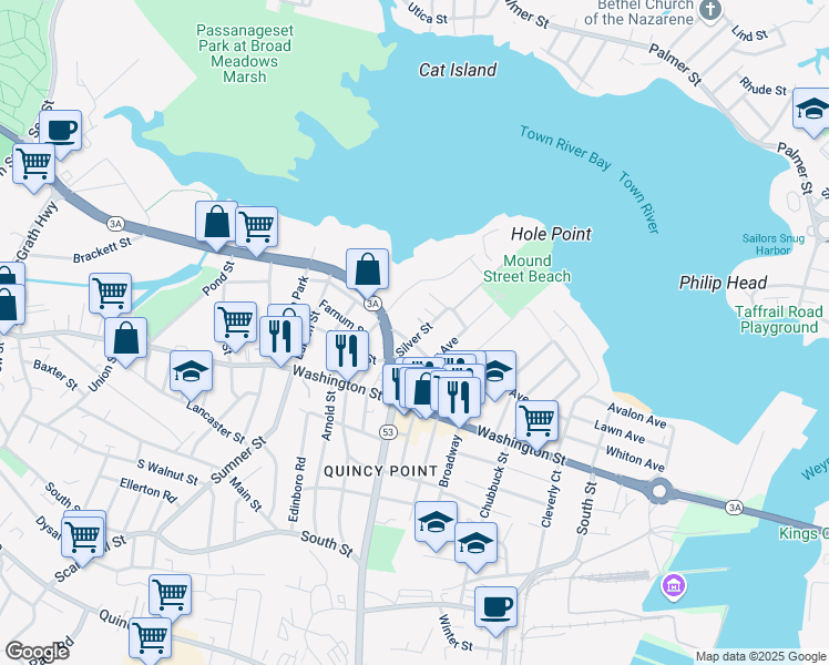 map of restaurants, bars, coffee shops, grocery stores, and more near 32 Silver Street in Quincy
