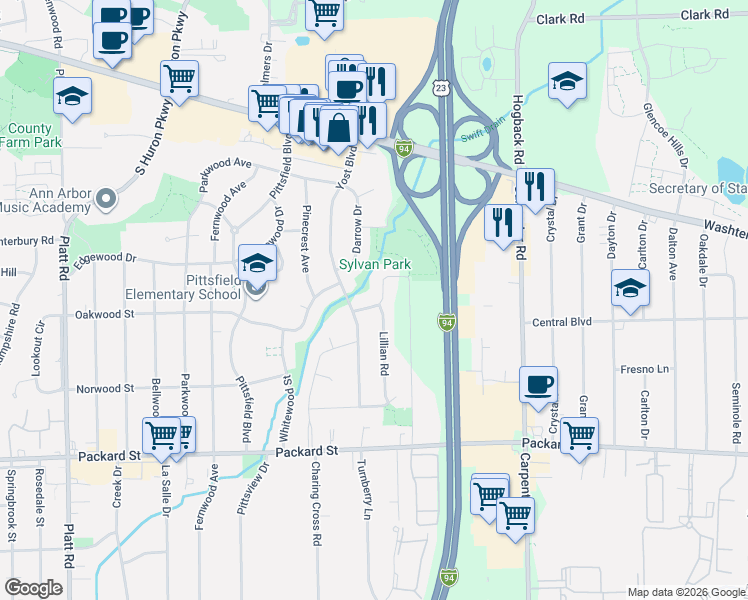 map of restaurants, bars, coffee shops, grocery stores, and more near 3640 Eli Road in Ann Arbor