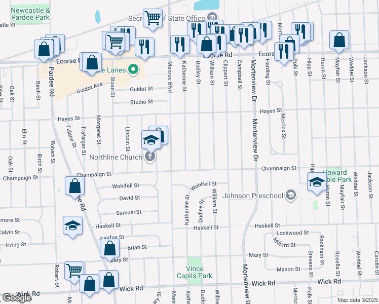 map of restaurants, bars, coffee shops, grocery stores, and more near 8045 Katherine Street in Taylor