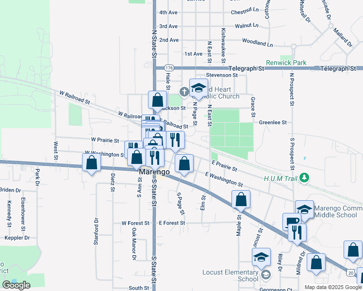 map of restaurants, bars, coffee shops, grocery stores, and more near 204 East Prairie Street in Marengo