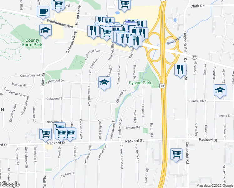 map of restaurants, bars, coffee shops, grocery stores, and more near 2491 Pinecrest Avenue in Ann Arbor