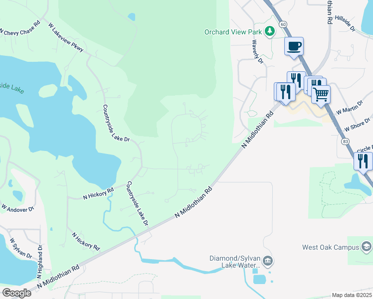 map of restaurants, bars, coffee shops, grocery stores, and more near 26657 Longmeadow Circle in Mundelein