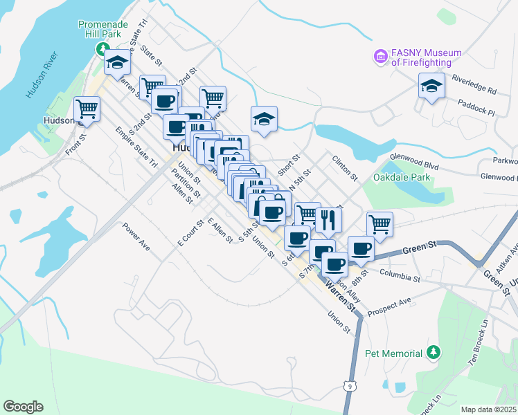 map of restaurants, bars, coffee shops, grocery stores, and more near 452 Warren Street in Hudson
