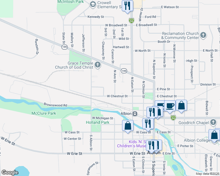 map of restaurants, bars, coffee shops, grocery stores, and more near 623 North Ann Street in Albion
