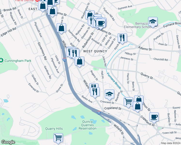 map of restaurants, bars, coffee shops, grocery stores, and more near 64 Rogers Street in Quincy