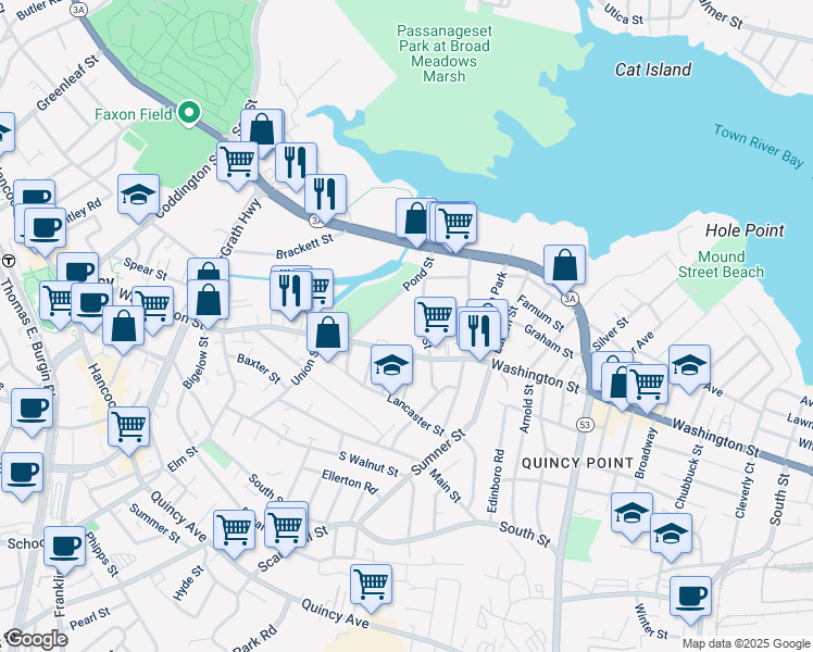 map of restaurants, bars, coffee shops, grocery stores, and more near 39 Pond Street in Quincy