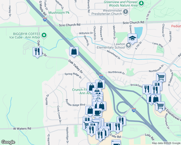 map of restaurants, bars, coffee shops, grocery stores, and more near 2555 Oak Valley Drive in Ann Arbor