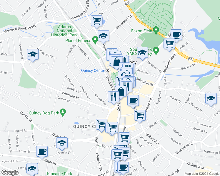 map of restaurants, bars, coffee shops, grocery stores, and more near 159 Thomas Burgin Parkway in Quincy