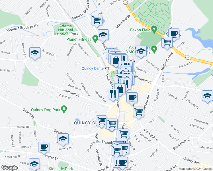 map of restaurants, bars, coffee shops, grocery stores, and more near 159 Thomas Burgin Parkway in Quincy