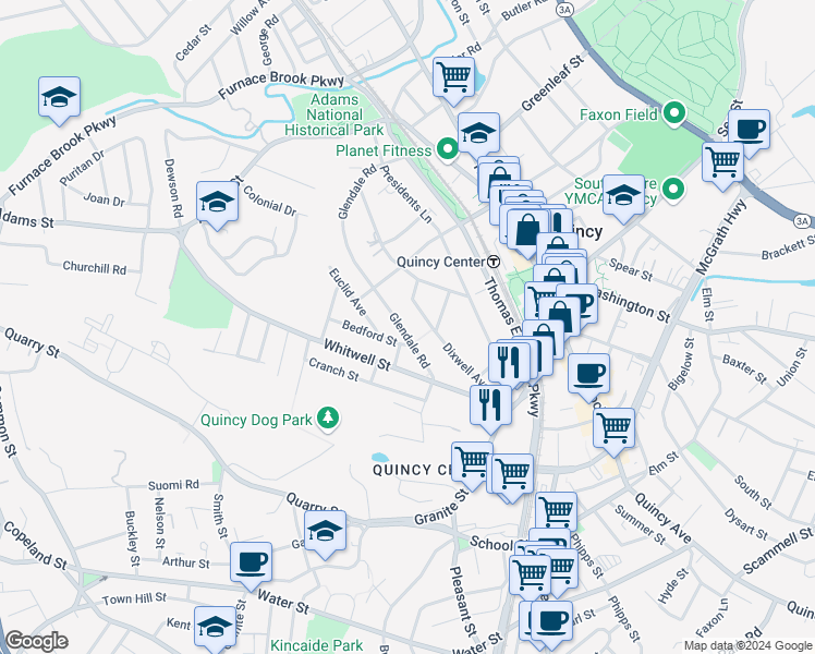 map of restaurants, bars, coffee shops, grocery stores, and more near 27 Dixwell Avenue in Quincy