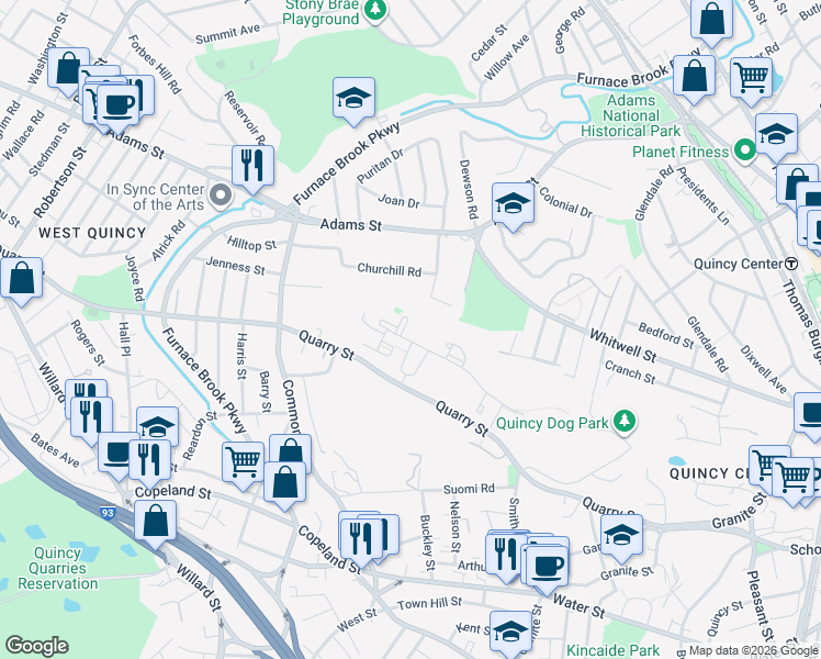 map of restaurants, bars, coffee shops, grocery stores, and more near 285 Quarry Street in Quincy