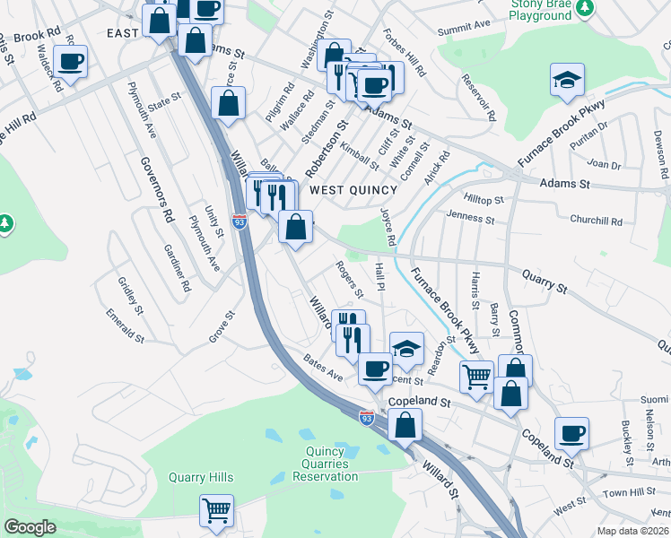 map of restaurants, bars, coffee shops, grocery stores, and more near 71 Rogers Street in Quincy