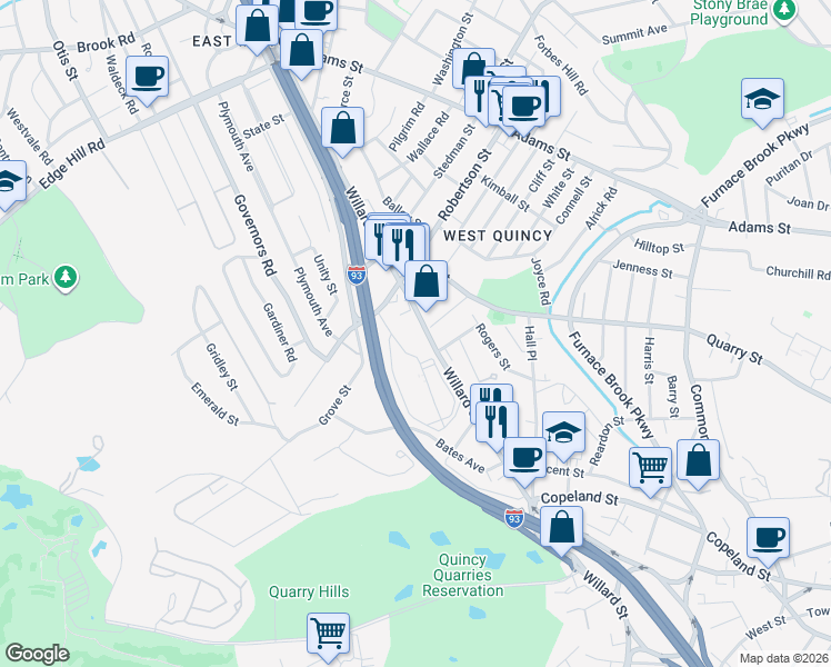 map of restaurants, bars, coffee shops, grocery stores, and more near 142 Willard Street in Quincy