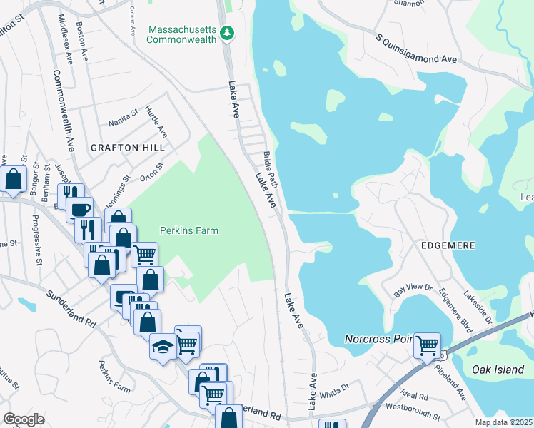 map of restaurants, bars, coffee shops, grocery stores, and more near 394 Lake Avenue in Worcester