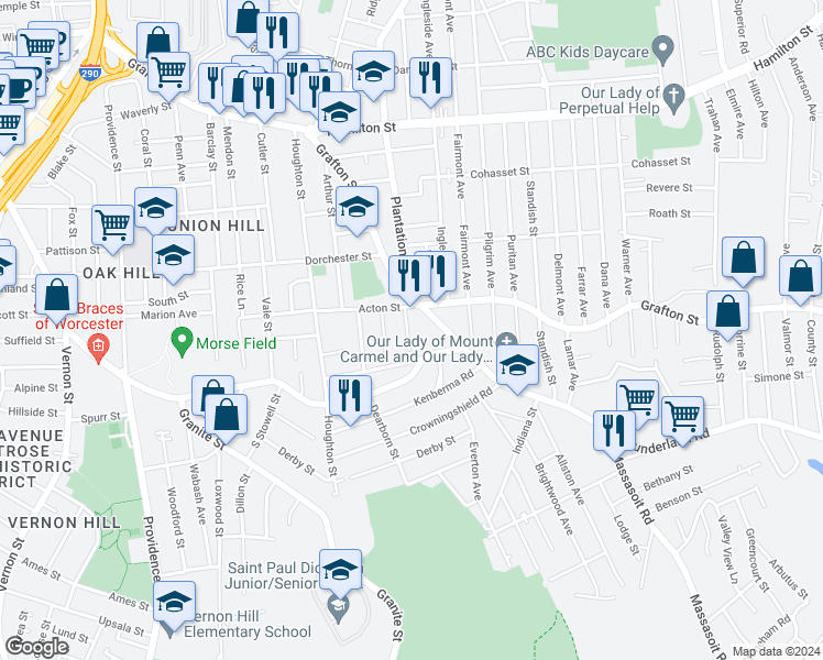 map of restaurants, bars, coffee shops, grocery stores, and more near 8 Massasoit Road in Worcester