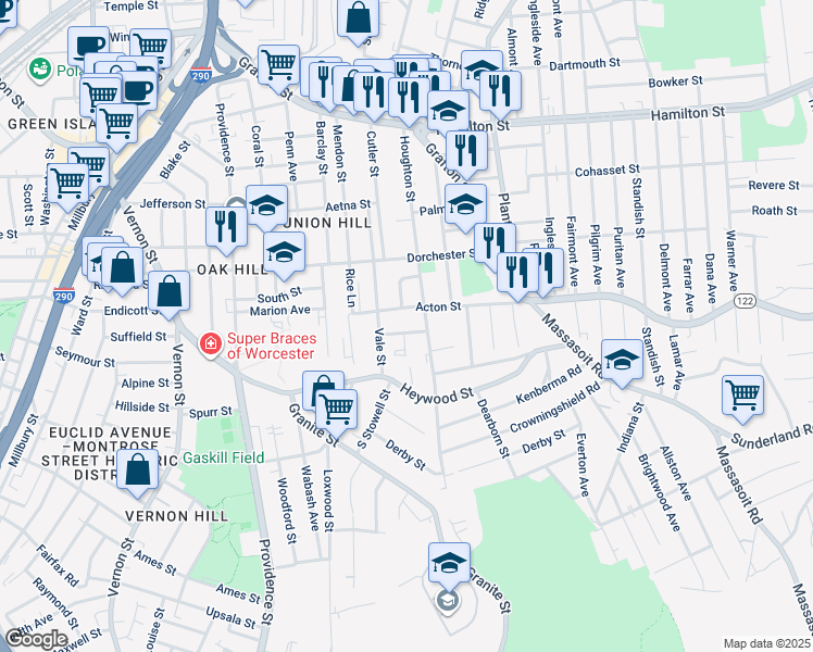 map of restaurants, bars, coffee shops, grocery stores, and more near 39 Acton Street in Worcester
