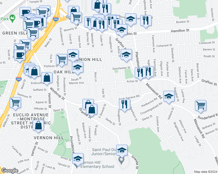 map of restaurants, bars, coffee shops, grocery stores, and more near 39 Acton Street in Worcester