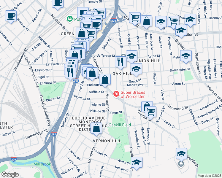 map of restaurants, bars, coffee shops, grocery stores, and more near 67 Vernon Street in Worcester