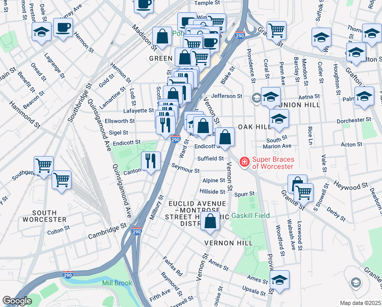 map of restaurants, bars, coffee shops, grocery stores, and more near 110 Endicott Street in Worcester