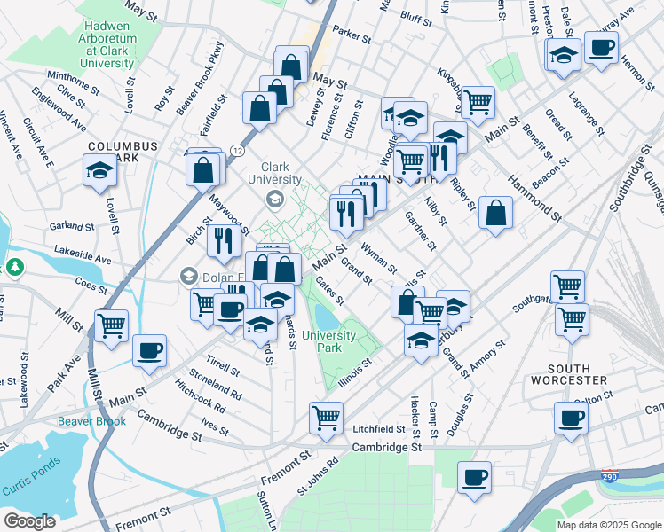 map of restaurants, bars, coffee shops, grocery stores, and more near 950 Main Street in Worcester
