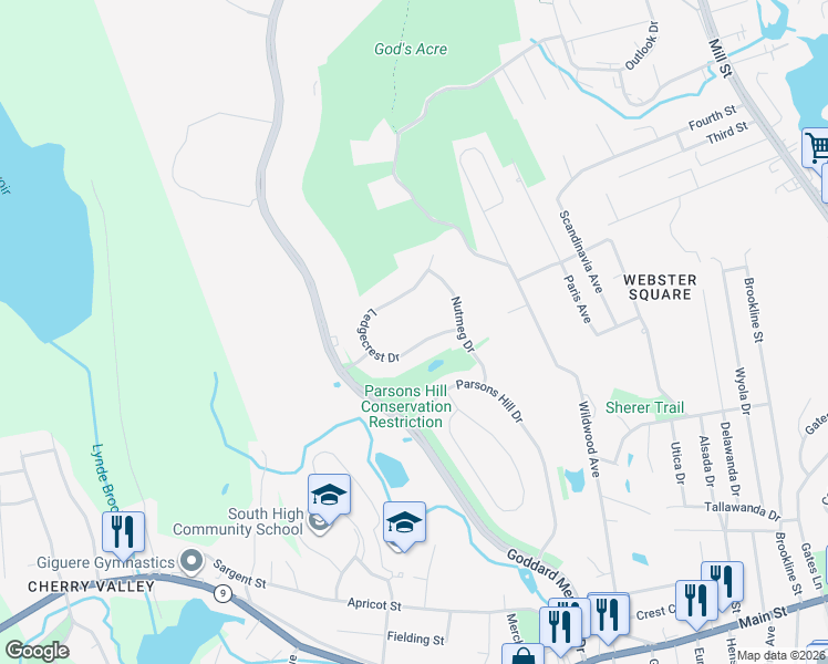 map of restaurants, bars, coffee shops, grocery stores, and more near 18 Ledgecrest Drive in Worcester