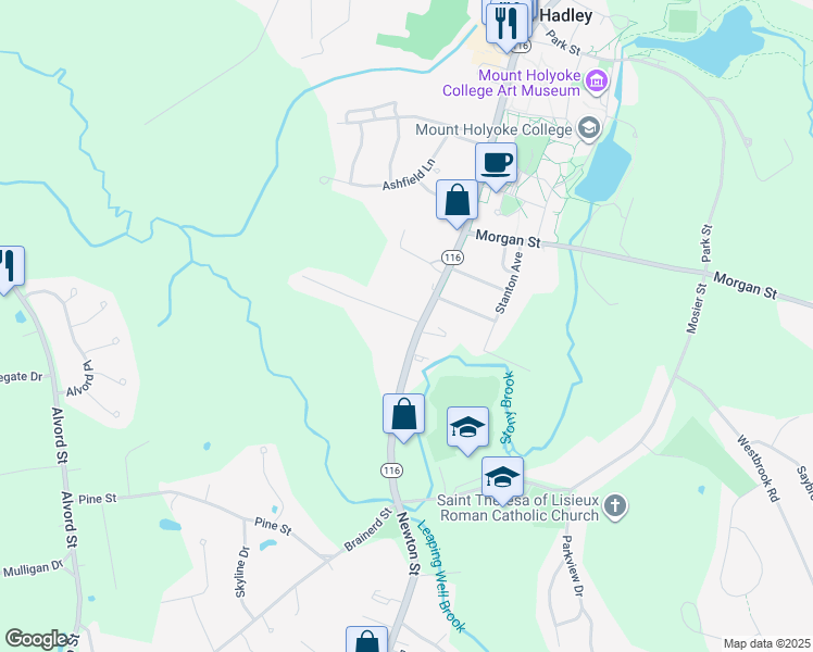 map of restaurants, bars, coffee shops, grocery stores, and more near 1-99 Leahey Ave in South Hadley