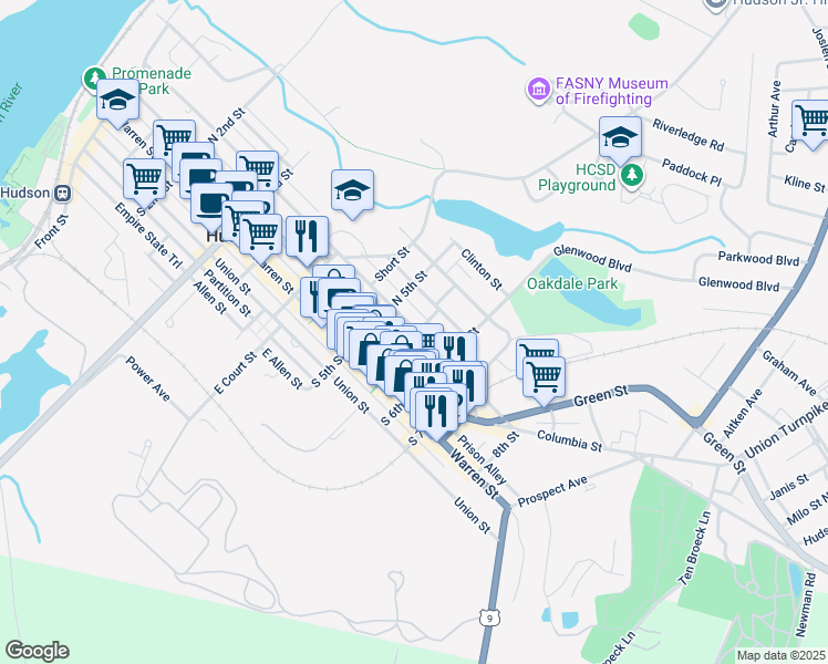 map of restaurants, bars, coffee shops, grocery stores, and more near 64 Dodge Street in Hudson