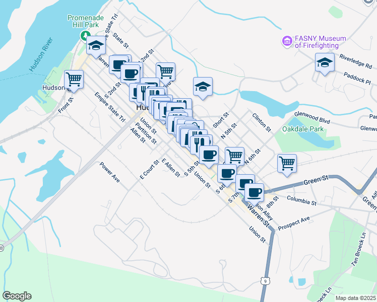 map of restaurants, bars, coffee shops, grocery stores, and more near 429 Warren Street in Hudson