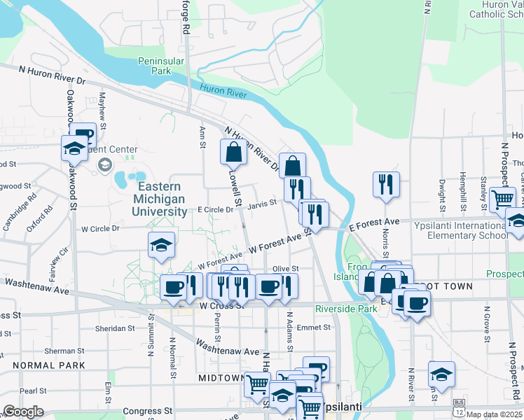 map of restaurants, bars, coffee shops, grocery stores, and more near 306 Jarvis Street in Ypsilanti