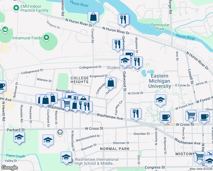 map of restaurants, bars, coffee shops, grocery stores, and more near 721 Cambridge Street in Ypsilanti