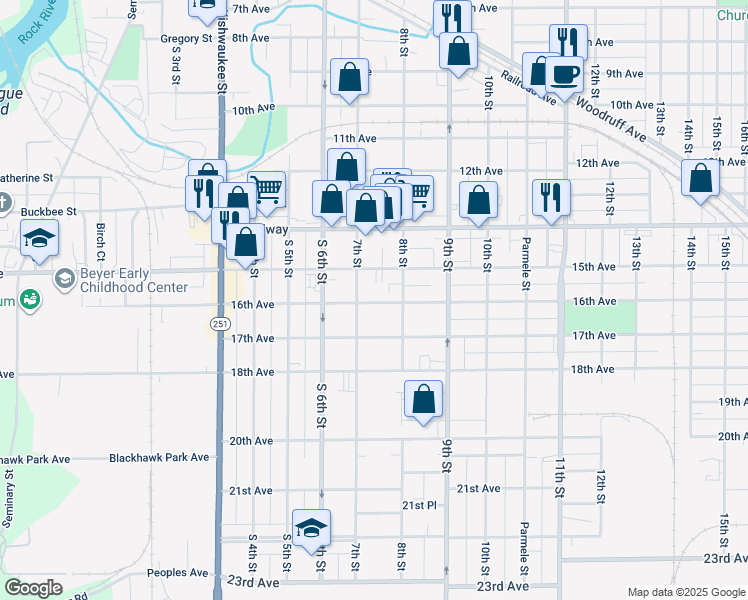 map of restaurants, bars, coffee shops, grocery stores, and more near 1616 7th Street in Rockford
