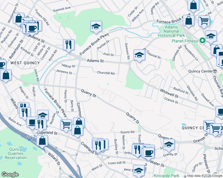 map of restaurants, bars, coffee shops, grocery stores, and more near 10 Highpoint Circle in Quincy