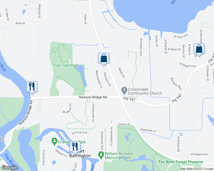 map of restaurants, bars, coffee shops, grocery stores, and more near 307 Garrison Circle in Barrington