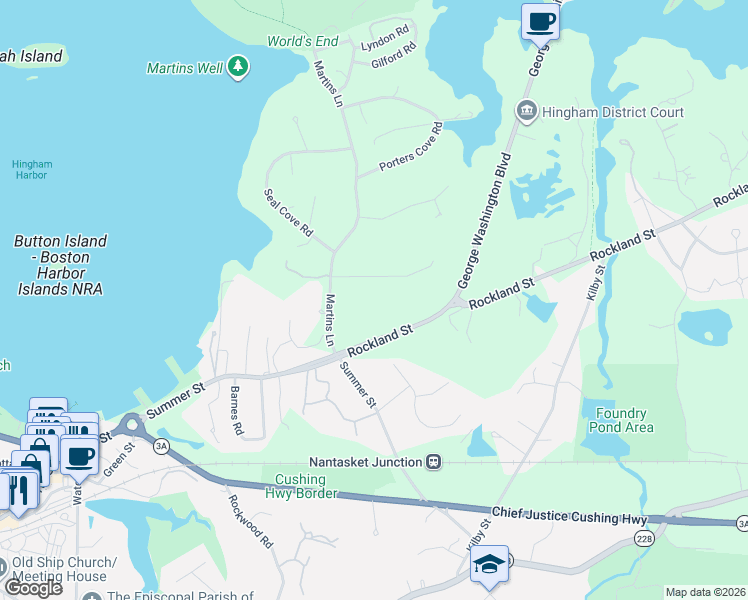 map of restaurants, bars, coffee shops, grocery stores, and more near 5 Evergreen Lane in Hingham