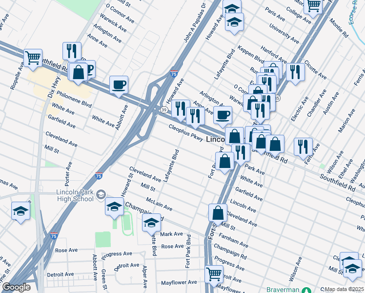 map of restaurants, bars, coffee shops, grocery stores, and more near 1488 Philomene Boulevard in Lincoln Park