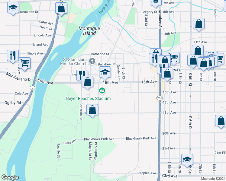 map of restaurants, bars, coffee shops, grocery stores, and more near 333 15th Avenue in Rockford