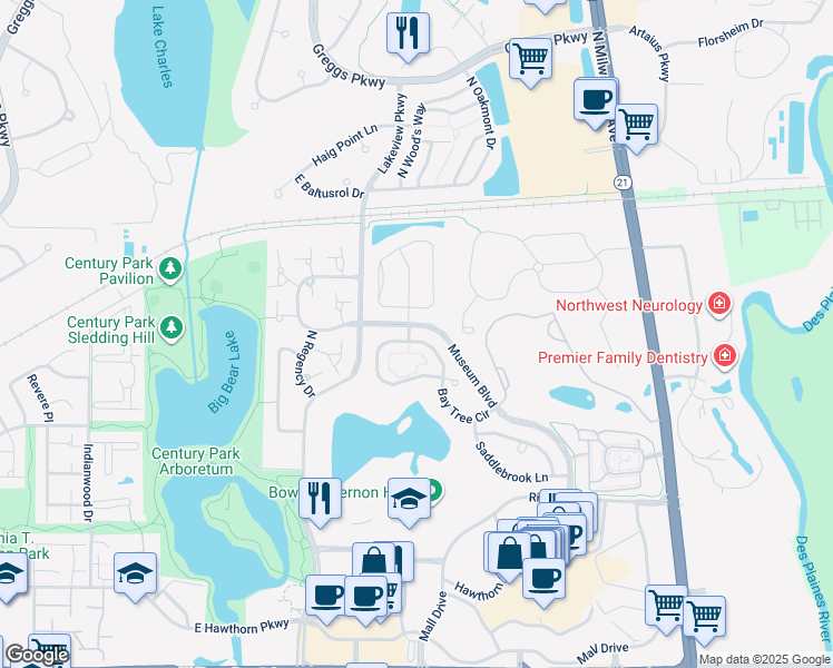 map of restaurants, bars, coffee shops, grocery stores, and more near 388 Bay Tree Circle in Vernon Hills