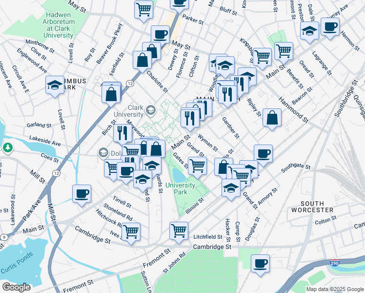 map of restaurants, bars, coffee shops, grocery stores, and more near 939 Main Street in Worcester