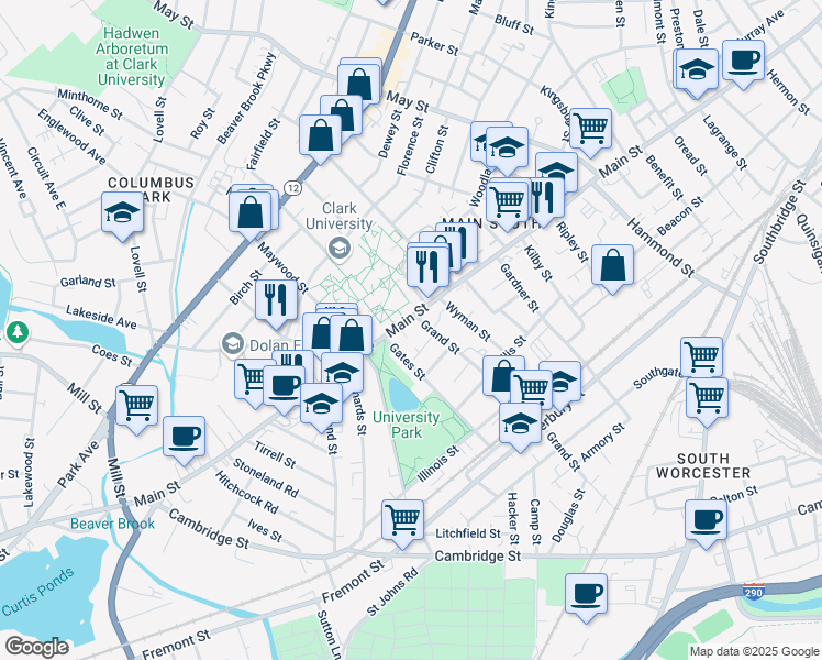 map of restaurants, bars, coffee shops, grocery stores, and more near 939 Main Street in Worcester