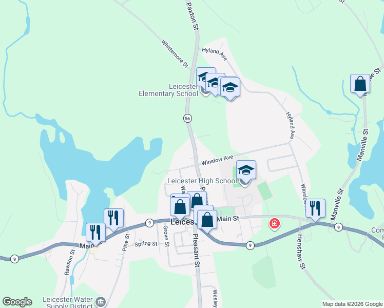 map of restaurants, bars, coffee shops, grocery stores, and more near 121 Paxton Street in Leicester