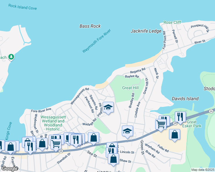 map of restaurants, bars, coffee shops, grocery stores, and more near 263 Wessagussett Road in Weymouth
