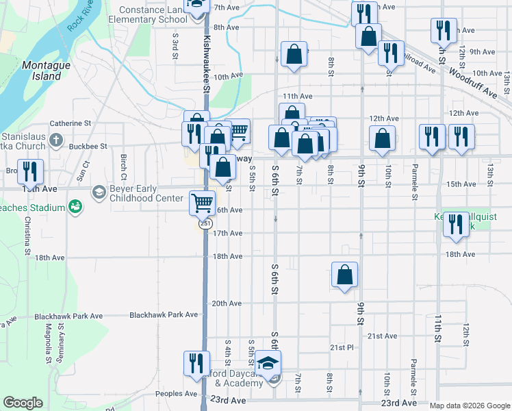 map of restaurants, bars, coffee shops, grocery stores, and more near 1618 South 5th Street in Rockford