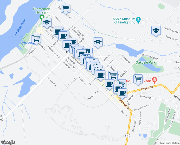 map of restaurants, bars, coffee shops, grocery stores, and more near 431 Warren Street in Hudson