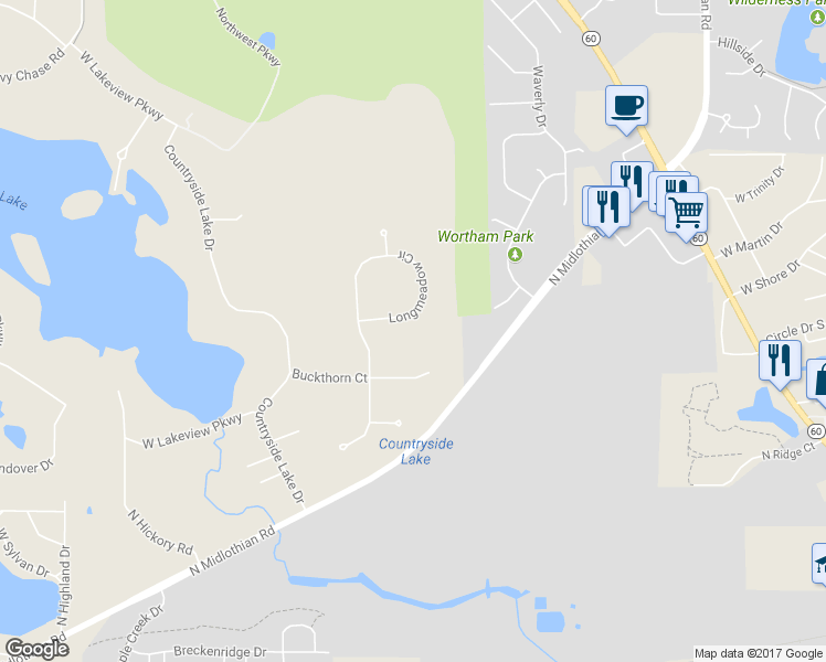 map of restaurants, bars, coffee shops, grocery stores, and more near 26657 Longmeadow Circle in Mundelein