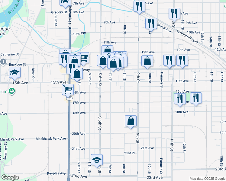 map of restaurants, bars, coffee shops, grocery stores, and more near 1630 7th Street in Rockford