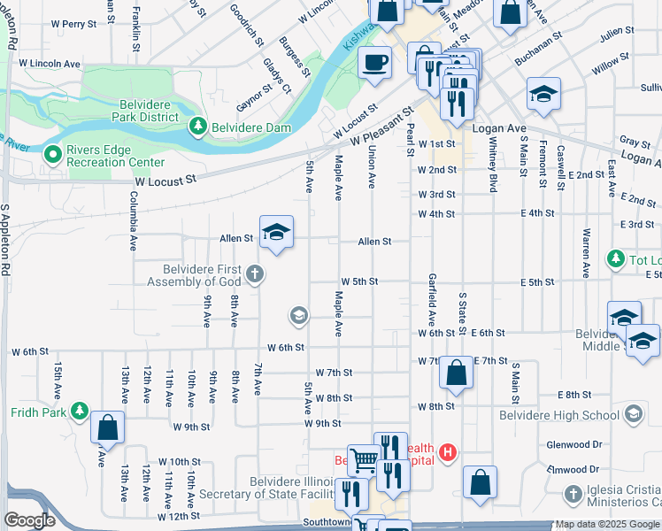map of restaurants, bars, coffee shops, grocery stores, and more near in Belvidere