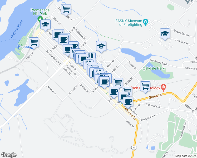 map of restaurants, bars, coffee shops, grocery stores, and more near 446 Warren Street in Hudson