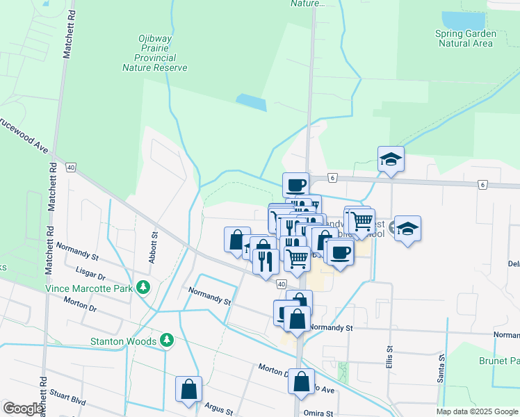 map of restaurants, bars, coffee shops, grocery stores, and more near 1700 Orford Street in LaSalle